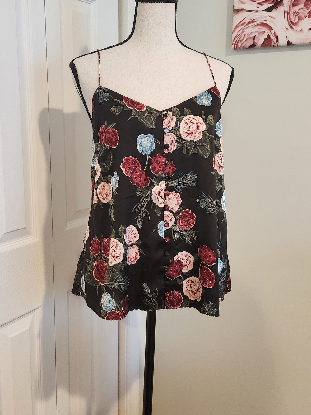Kensie Black Floral Satin Cami with Pink & Blue Blooms
